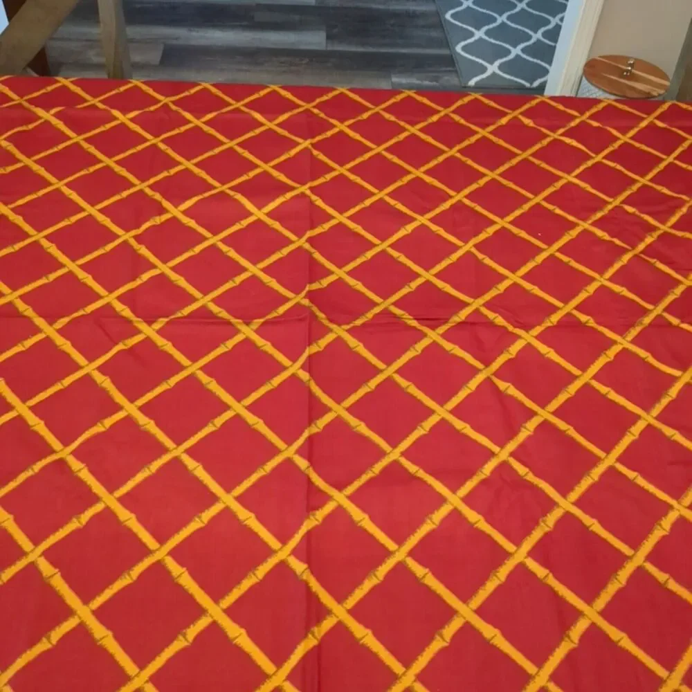 Vtg MCM Tablecloth Cotton 71” Round Cohama Pomp Ano Fabric Homemade Bamboo Rust